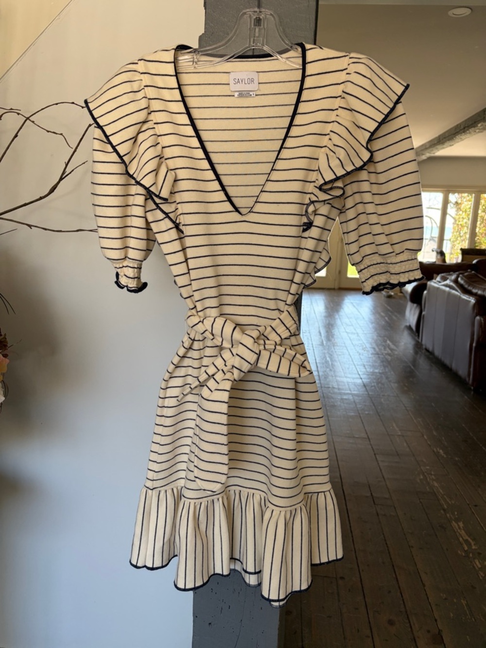 SAYLOR Ivory and Navy Striped Ruffle Tie-Waist Mini Dress